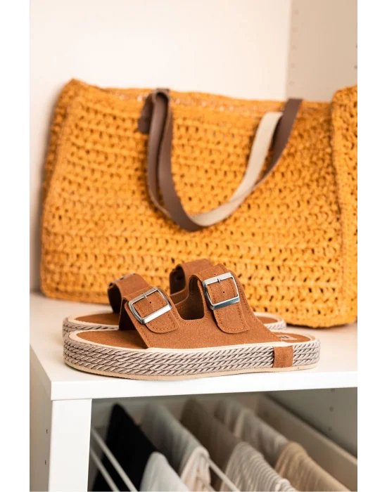 Francesco Taba Çift Tokalı El Yapımı Natural Hasır Erkek Terlik