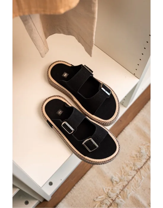 Francesco Siyah Süet Çift Tokalı El Yapımı Natural Hasır Erkek Terlik