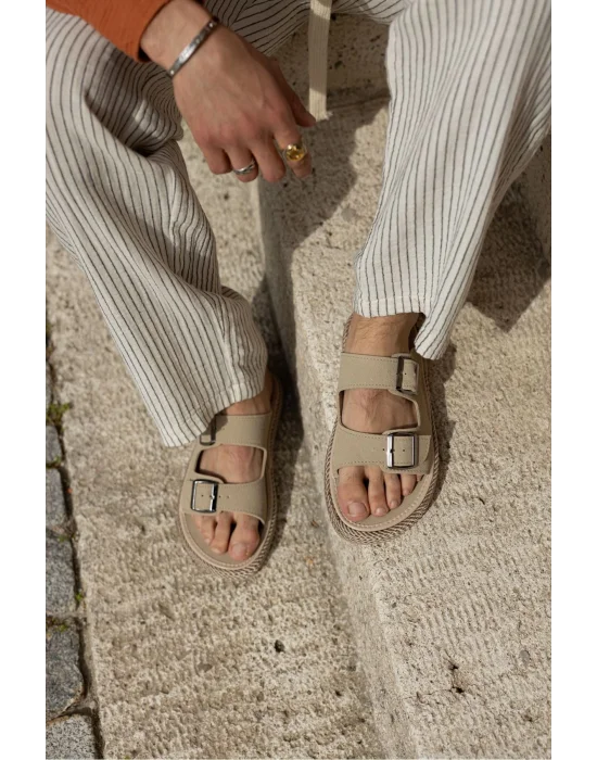 Francesco Bej Çift Tokalı El Yapımı Natural Hasır Erkek Terlik