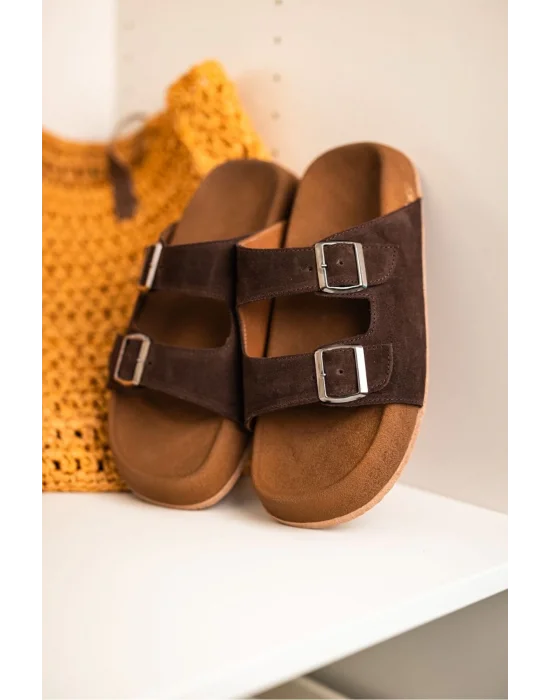 Lorenzo Acı Kahve Çift Tokalı Hafif Mantar Taban Erkek Terlik