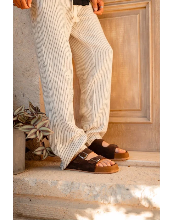 Lorenzo Acı Kahve Çift Tokalı Hafif Mantar Taban Erkek Terlik