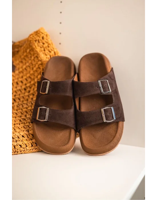 Lorenzo Acı Kahve Çift Tokalı Hafif Mantar Taban Erkek Terlik