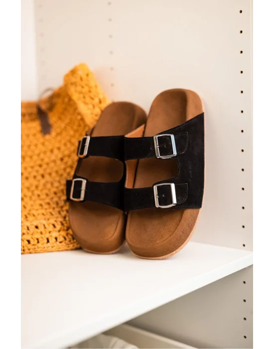 Lorenzo Siyah Çift Tokalı Hafif Mantar Taban Erkek Terlik