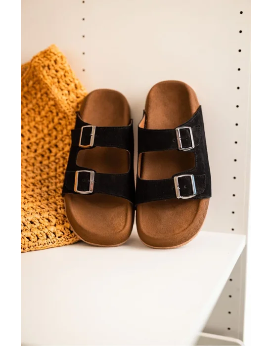 Lorenzo Siyah Çift Tokalı Hafif Mantar Taban Erkek Terlik