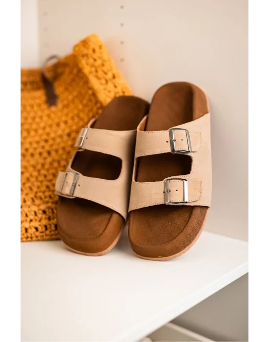 Lorenzo Bej Çift Tokalı Hafif Mantar Taban Erkek Terlik