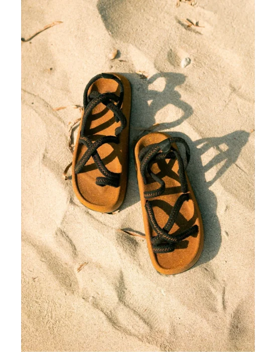 Enrico Siyah Doğal Pamuk İp Halat Erkek Sandalet