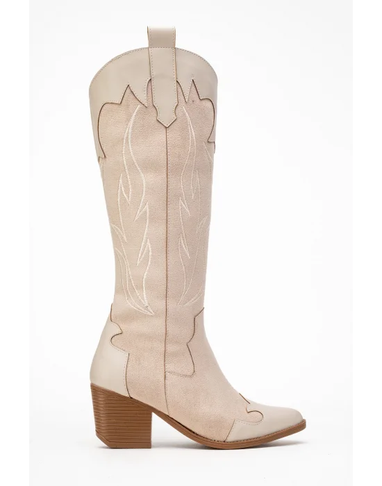 Valeria Kadın Bej Nakışlı Kovboy Western Dallas Çizme
