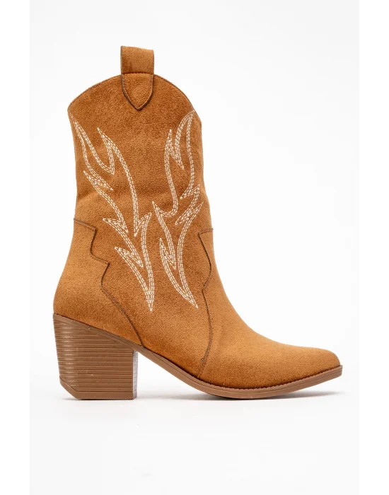 Carla Kadın Taba Süet Nakışlı Dallas Western Kovboy Bot