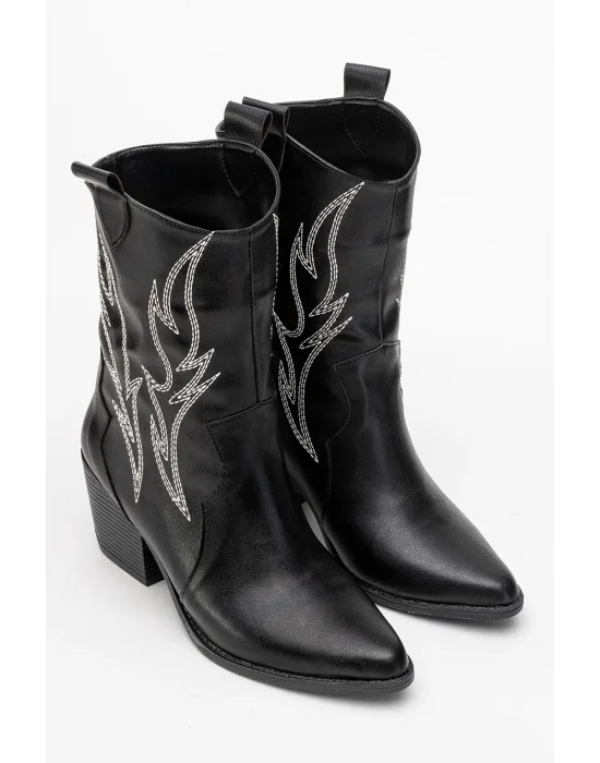 Carla Kadın Siyah Cilt Nakışlı Dallas Western Kovboy Bot