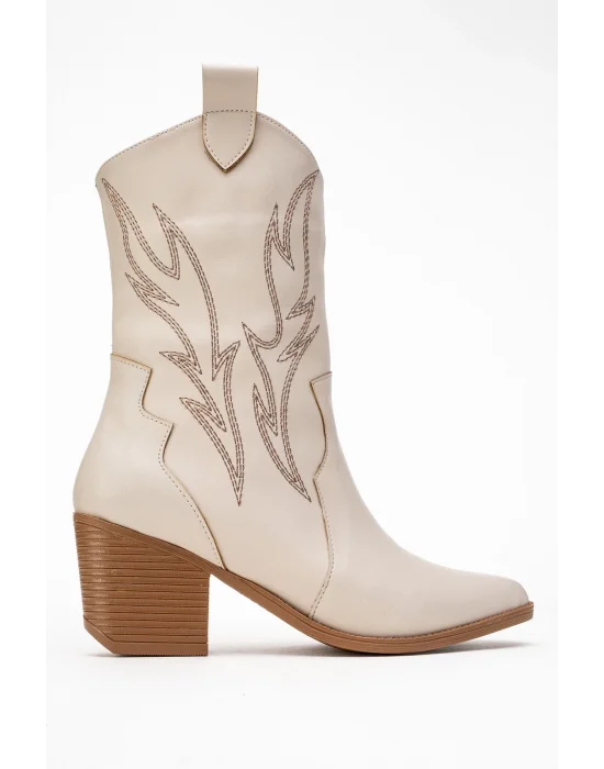 Carla Kadın Bej Cilt Nakışlı Dallas Western Kovboy Bot