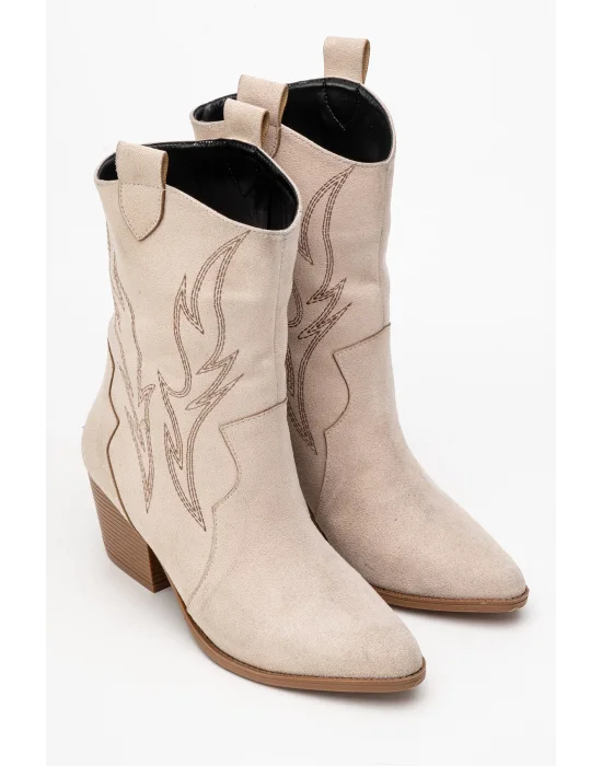 Carla Kadın Bej Süet Nakışlı Dallas Western Kovboy Bot