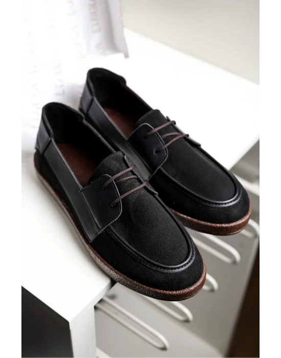 Rosa Erkek Siyah Süet Garnili Bağcıklı Loafer Günlük Casual Ayakkabı