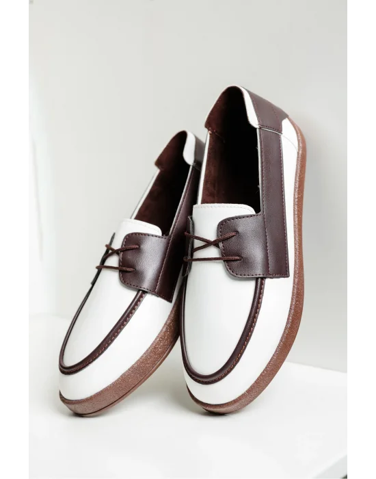 Rosa Erkek Suni Beyaz Garnili Deri Bağcıklı Loafer Günlük Casual Ayakkabı
