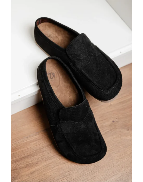 London Erkek Siyah Süet Loafer Sabo Terlik Ayakkabı