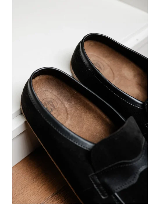 London Erkek Siyah Süet Garnili Sabo Loafer Terlik Ayakkabı