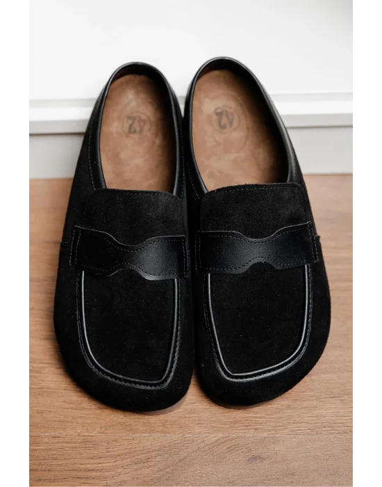 London Erkek Siyah Süet Garnili Sabo Loafer Terlik Ayakkabı