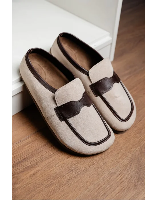 London Erkek Bej Süet Garnili Sabo Loafer Terlik Ayakkabı