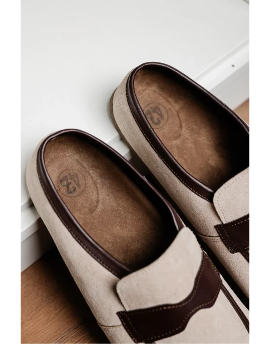 London Erkek Bej Süet Garnili Sabo Loafer Terlik Ayakkabı