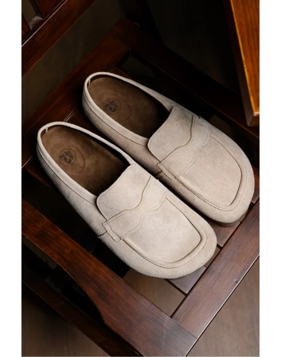 London Erkek Bej Süet Loafer Sabo Loafer Terlik Ayakkabı