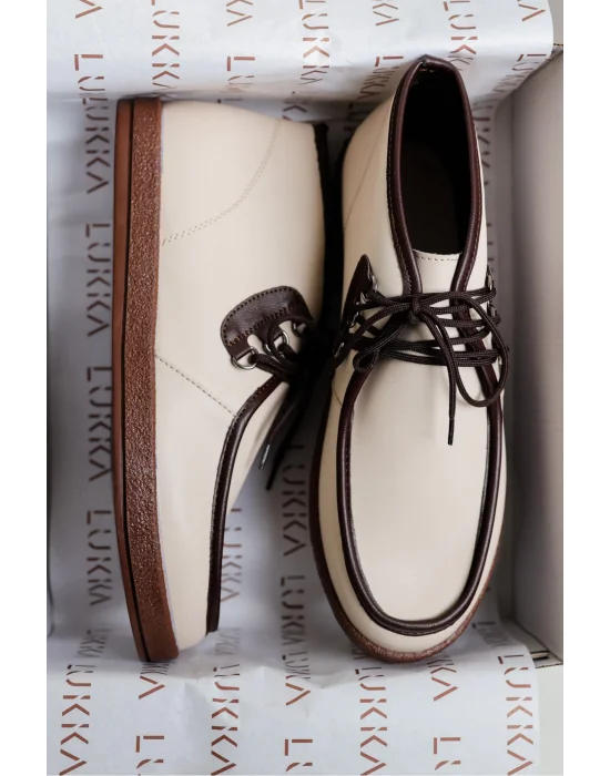 Amy Erkek Bej Suni Deri Garnili Bağcıklı Golf Ayakkabı Bot