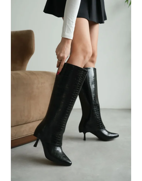 Tatum Kadın Siyah Kroko Tak Çıkar Çizme