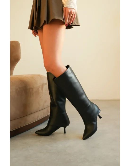 Tatum Kadın Siyah Suni Deri 5cm Tak Çıkar Çizme