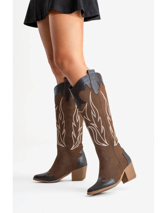 Valeria Kadın Acı Kahve Nakışlı Kovboy Western Dallas Çizme