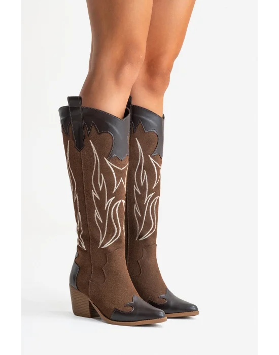 Valeria Kadın Acı Kahve Nakışlı Kovboy Western Dallas Çizme