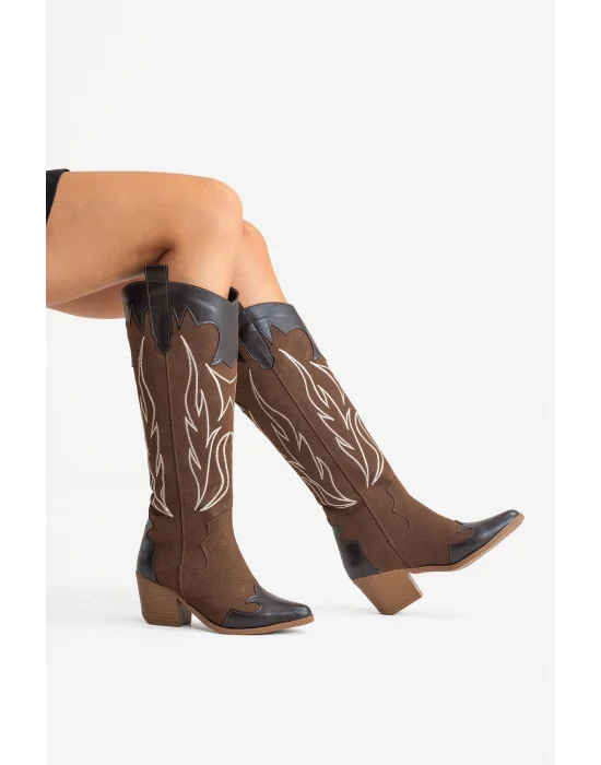 Valeria Kadın Acı Kahve Nakışlı Kovboy Western Dallas Çizme