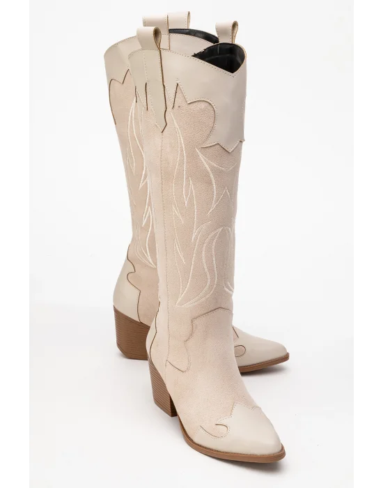 Valeria Kadın Bej Nakışlı Kovboy Western Dallas Çizme