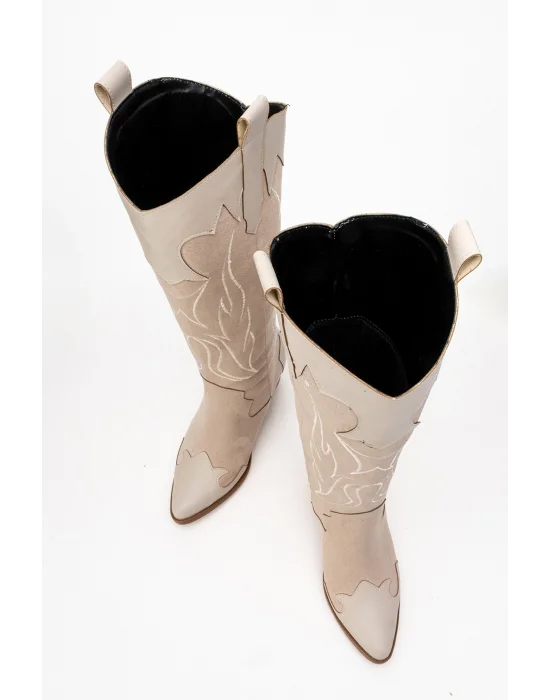 Valeria Kadın Bej Nakışlı Kovboy Western Dallas Çizme