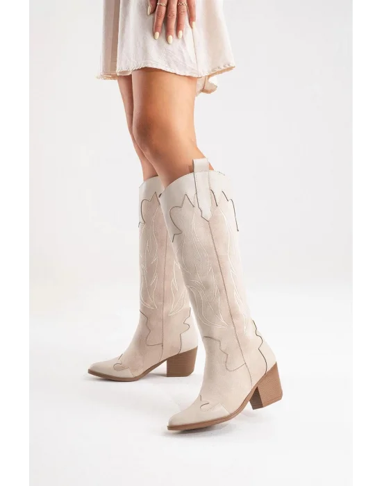 Valeria Kadın Bej Nakışlı Kovboy Western Dallas Çizme