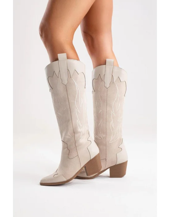 Valeria Kadın Bej Nakışlı Kovboy Western Dallas Çizme