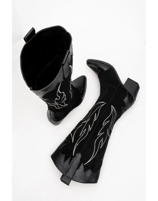 Valeria Kadın Siyah Nakışlı Kovboy Western Dallas Çizme