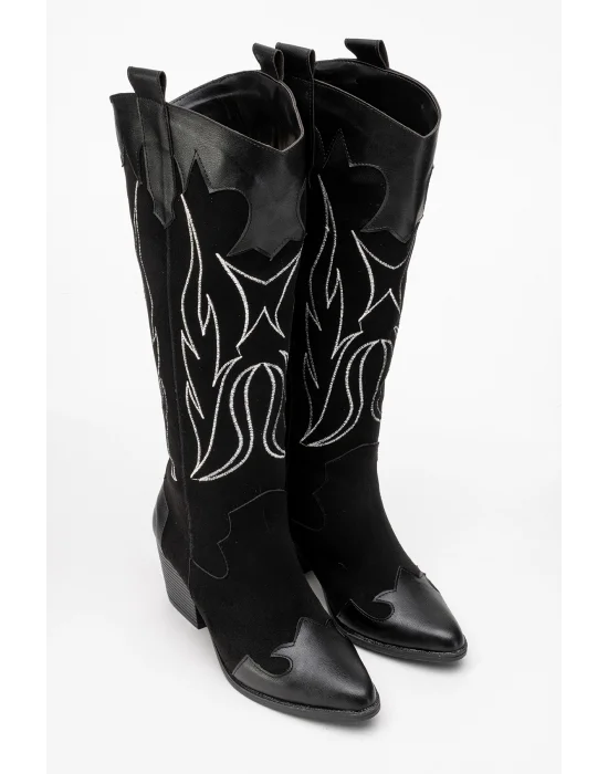 Valeria Kadın Siyah Nakışlı Kovboy Western Dallas Çizme