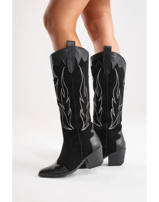 Valeria Kadın Siyah Nakışlı Kovboy Western Dallas Çizme