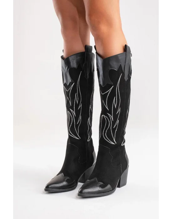 Valeria Kadın Siyah Nakışlı Kovboy Western Dallas Çizme