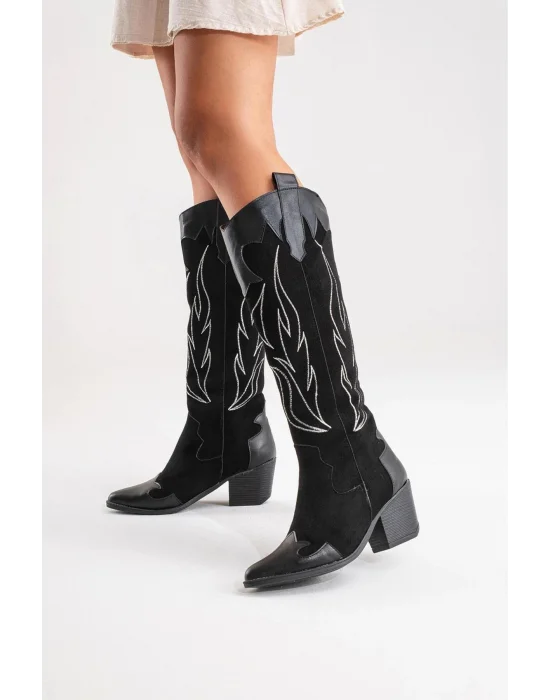 Valeria Kadın Siyah Nakışlı Kovboy Western Dallas Çizme