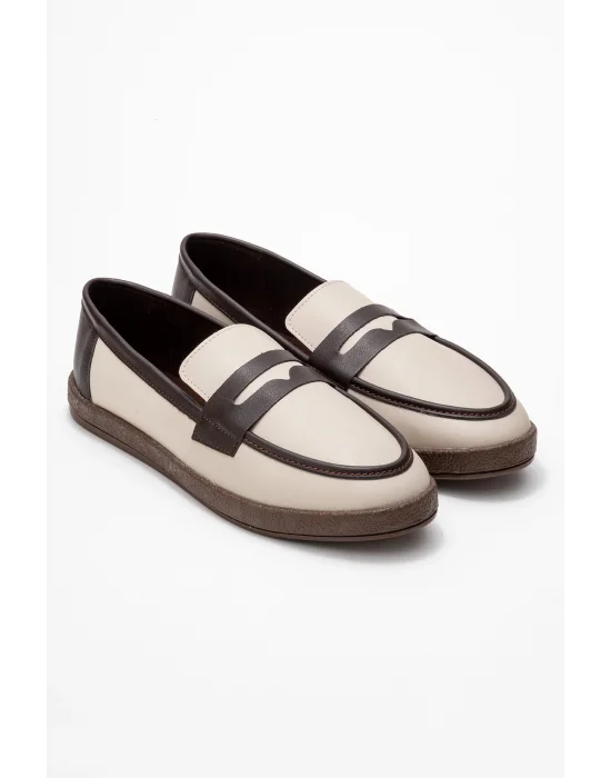 Livya Erkek Bej Garnili Suni Deri Loafer Ayakkabı
