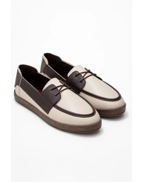 Rosa Erkek Bej Garnili Suni Deri Bağcıklı Loafer Günlük Casual Ayakkabı