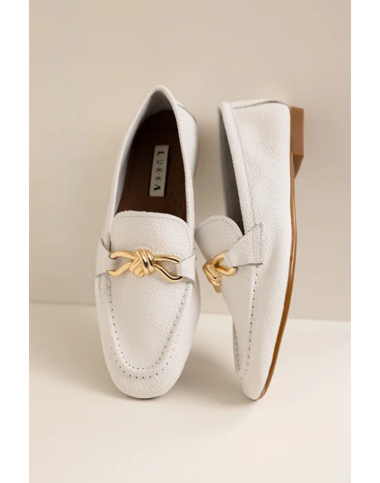 Hakiki Deri Cameron Kadın Beyaz Metal Tokalı Loafer Babet