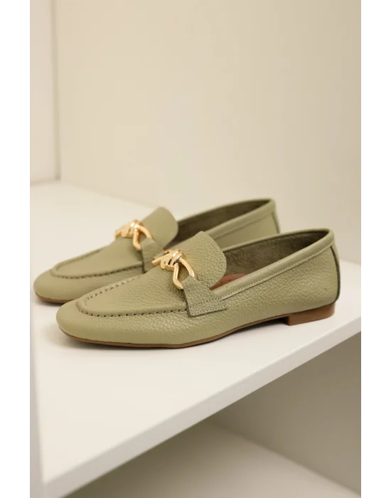 Hakiki Deri Cameron Kadın Avokado Yeşil Metal Tokalı Loafer Babet