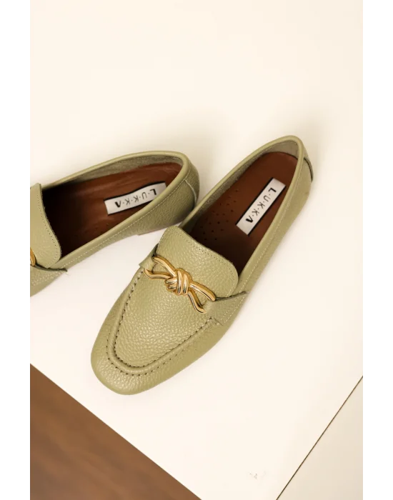 Hakiki Deri Cameron Kadın Avokado Yeşil Metal Tokalı Loafer Babet