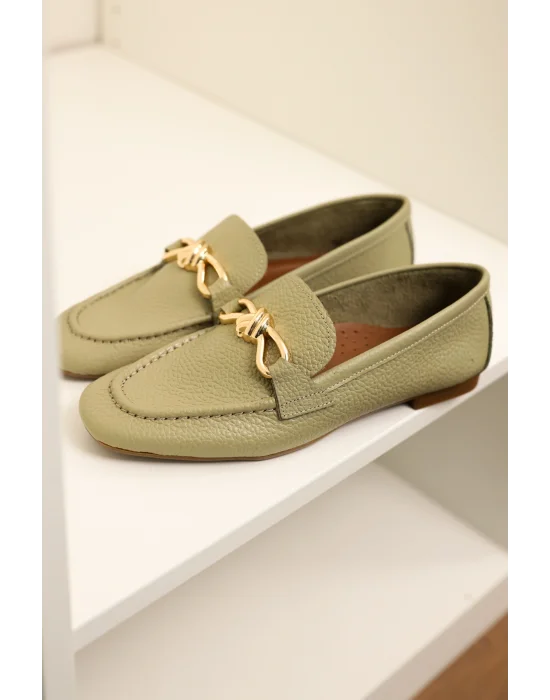 Hakiki Deri Cameron Kadın Avokado Yeşil Metal Tokalı Loafer Babet