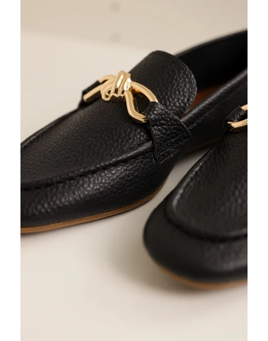 Hakiki Deri Cameron Kadın Siyah Metal Tokalı Loafer Babet