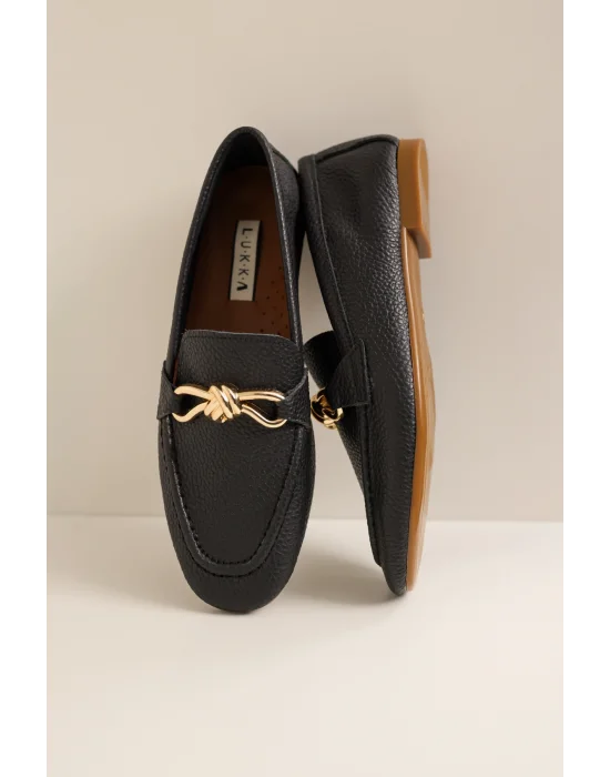 Hakiki Deri Cameron Kadın Siyah Metal Tokalı Loafer Babet