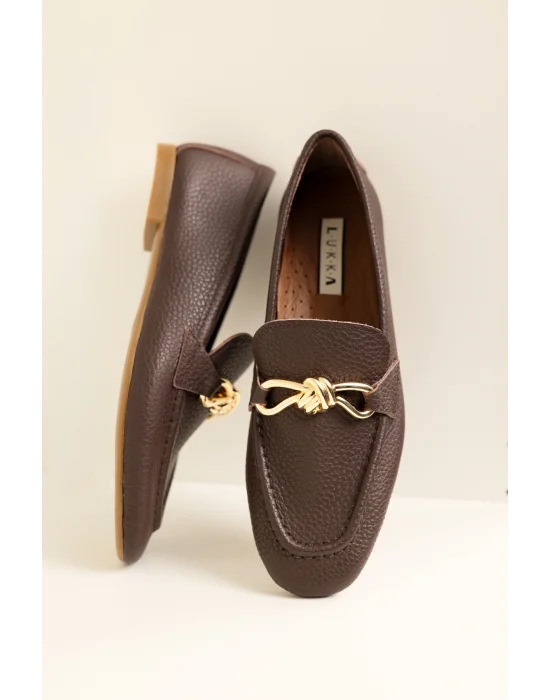 Hakiki Deri Cameron Kadın Acı Kahve Metal Tokalı Loafer Babet