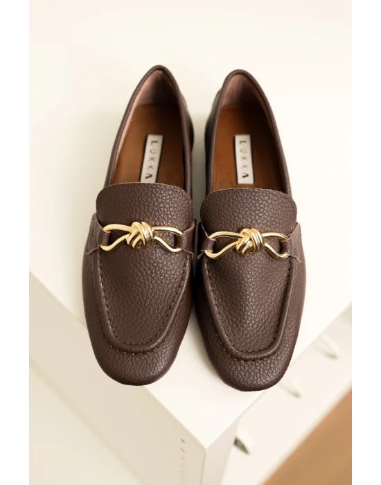 Hakiki Deri Cameron Kadın Acı Kahve Metal Tokalı Loafer Babet