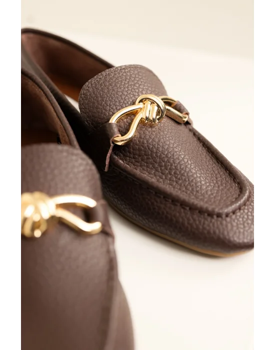 Hakiki Deri Cameron Kadın Acı Kahve Metal Tokalı Loafer Babet