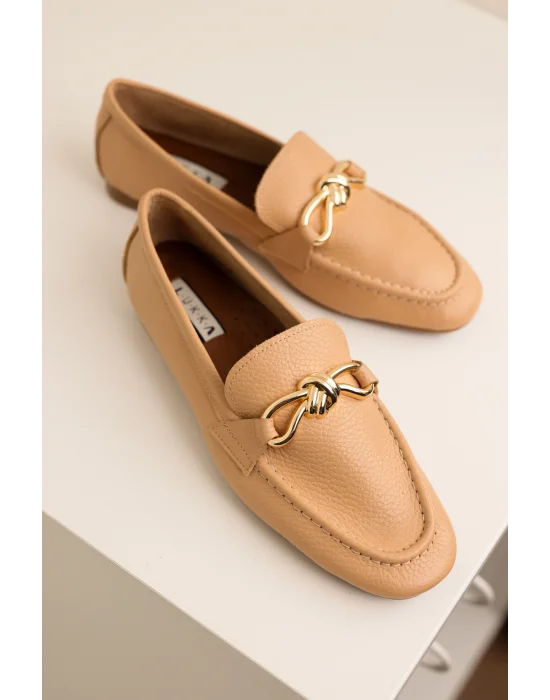 Hakiki Deri Cameron Kadın Nude Metal Tokalı Loafer Babet